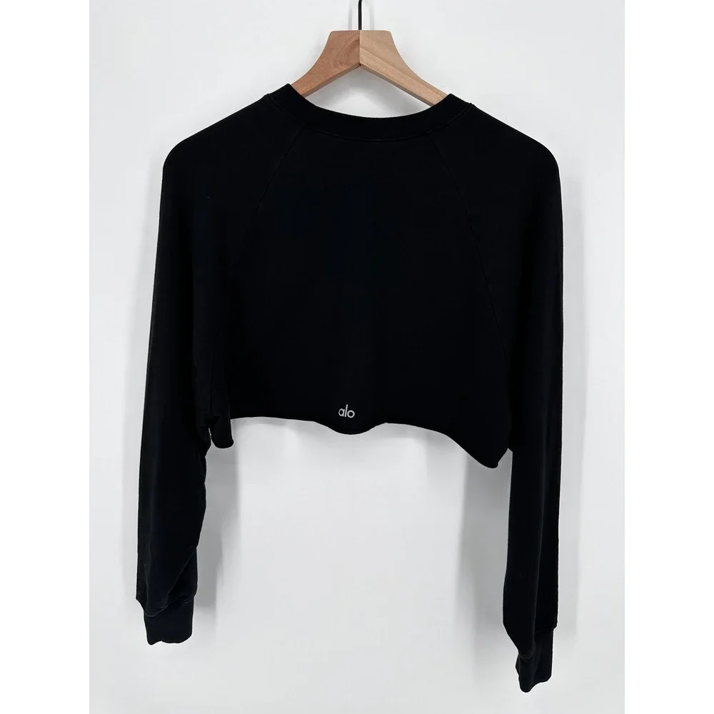 Alo Yoga Double Take Pullover Black Ultra Cropped Sweatshirt‎ XS Raglan Sleeves - Picture 6 of 9